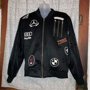 VTG Lavish Society Men's XL Black Bomber Jacket Multi Logo L Grand Prix